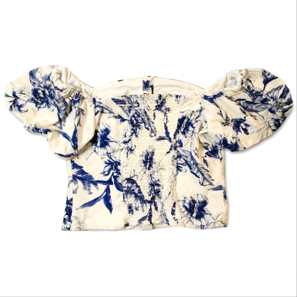 Blāshe Off The Shoulder Boho Blouse White Blue X Large Linen Mix - Picture 3 of 7